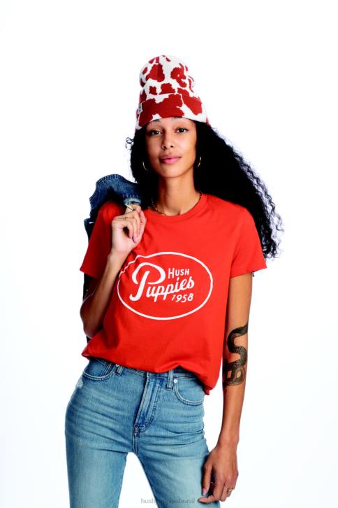 laranja_queimado_camiseta_grafica_com_script_retro_mulheres_hush_puppies_camisetas_zz6r240.jpg laranja queimado camiseta gráfica com script retrô mulheres Hush Puppies Camisetas ZZ6R240 - Image 1